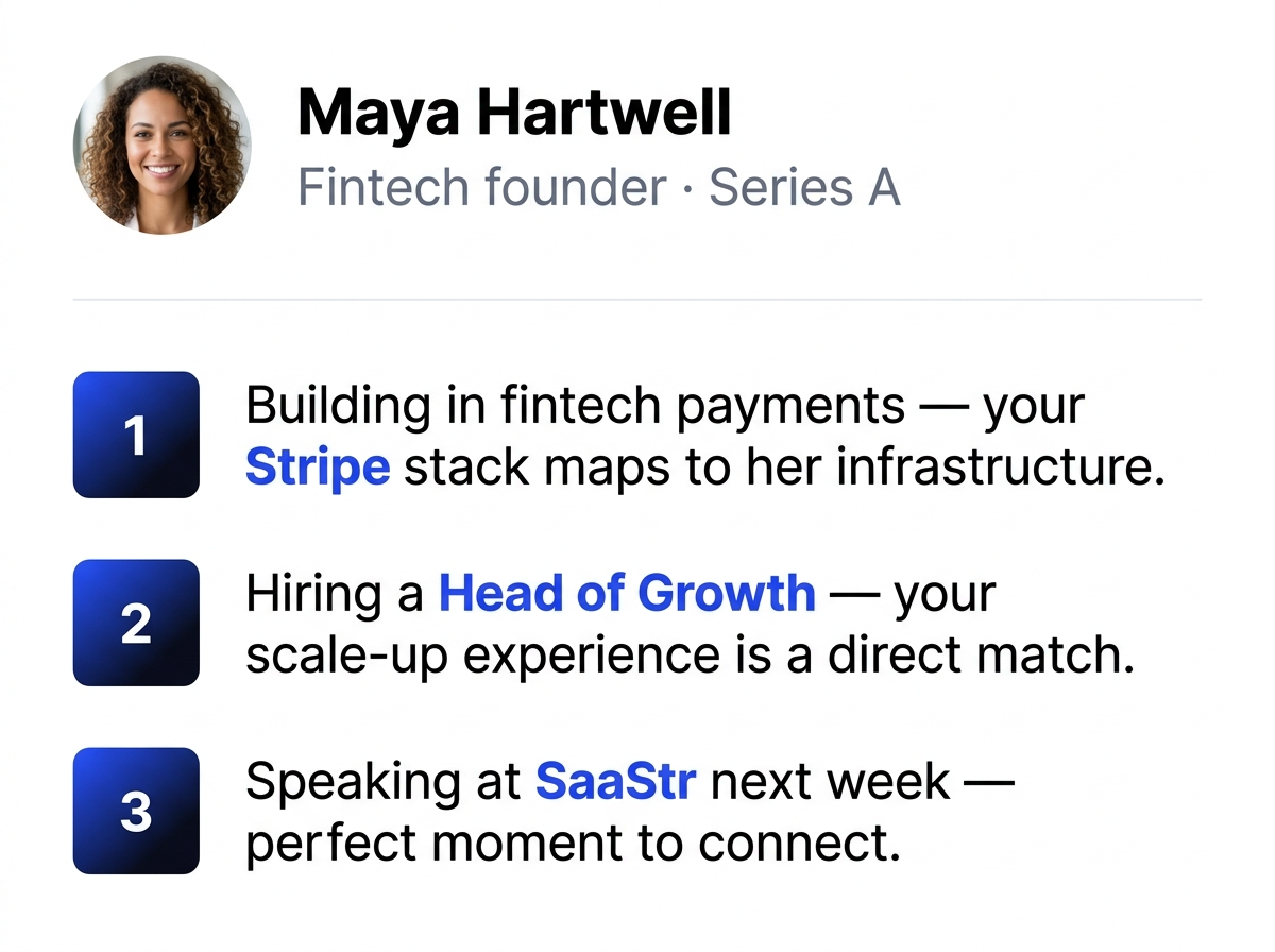 Doers United AI surfacing networking opportunities for Maya Hartwell — Stripe stack overlap, Head of Growth match, and SaaStr connection.